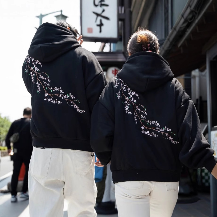 European And American Autumn And Winter Cherry Blossom Hooded Sweater Men And Women Street Hip Hop Retro photo 1