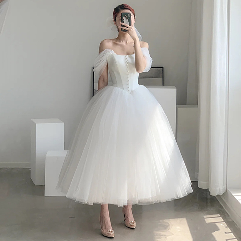 French-style Off-shoulder Light Wedding Dress Midi Length photo 1