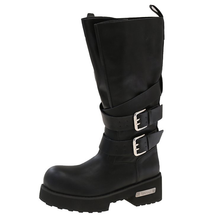 High Top Retro Boots Belt Buckle Biker Chunky Heel photo 2