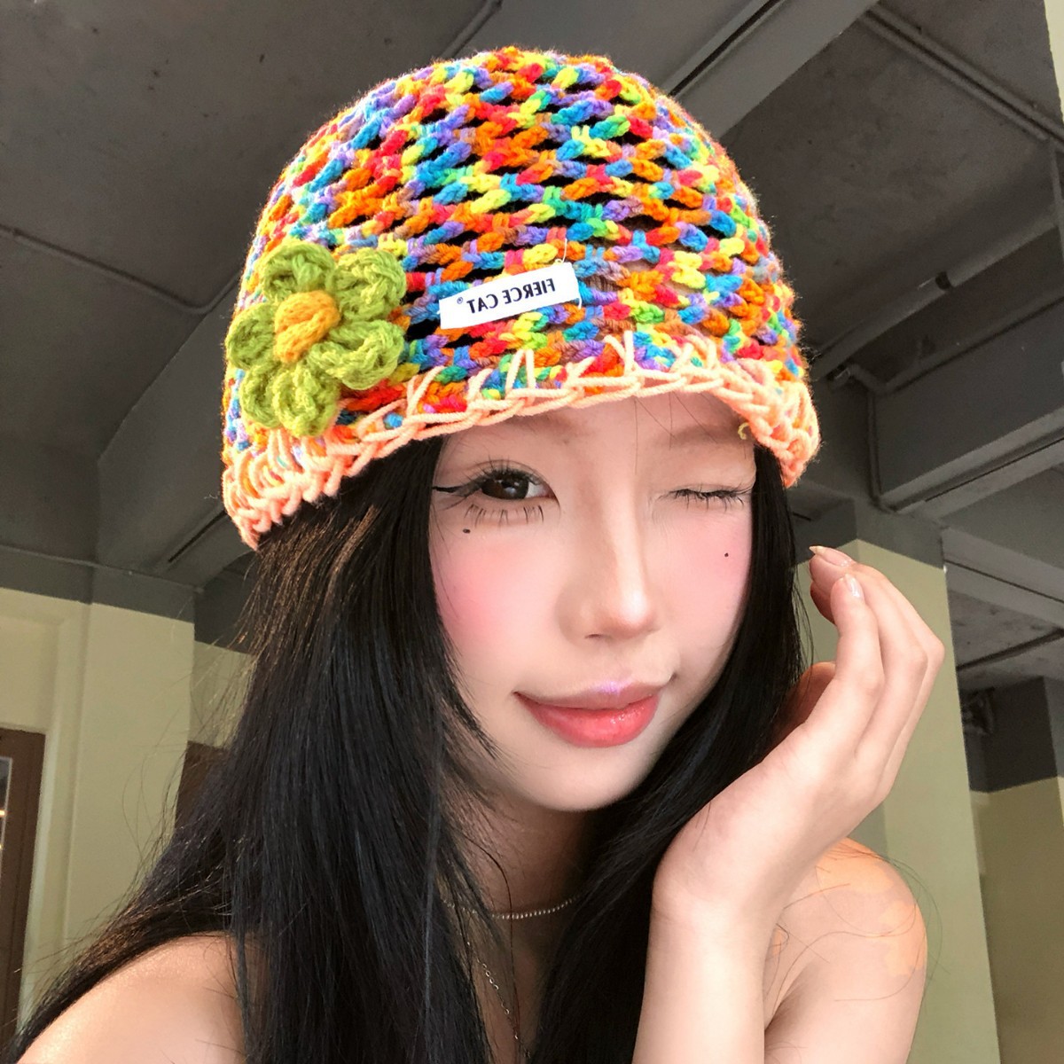 Women's Summer Thin Colorful Hollow-Out Floral Knitted Hat photo 3