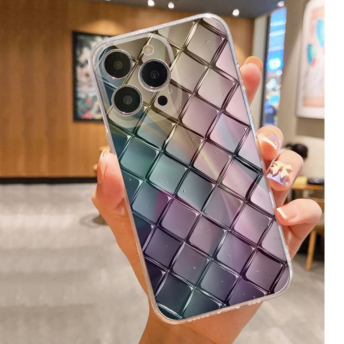 Colorful Grid Shockproof Transparent Phone Case Protection photo 2