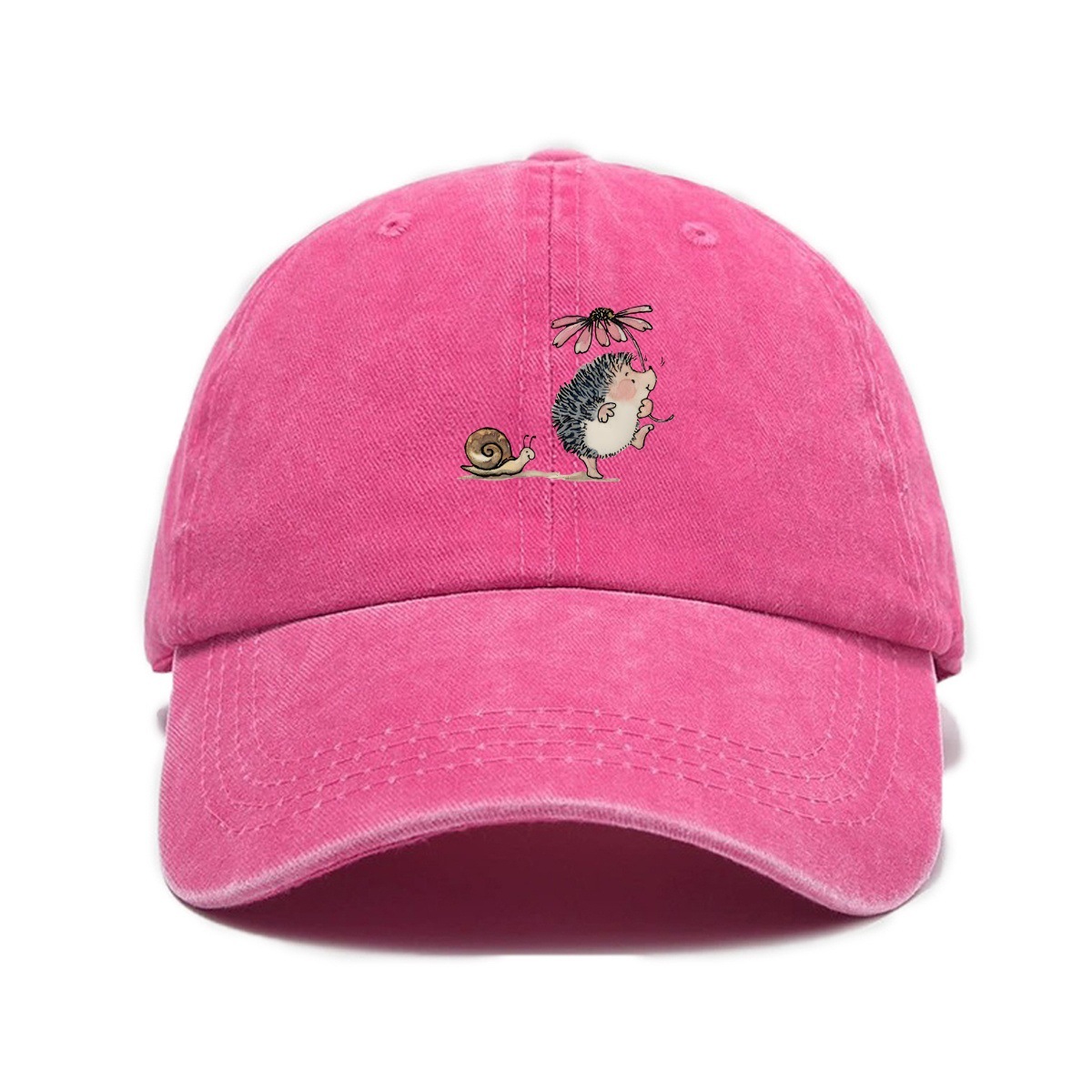Simple Cartoon Hedgehog And Snail Print Washed Out Vintage Baseball Cap photo 7