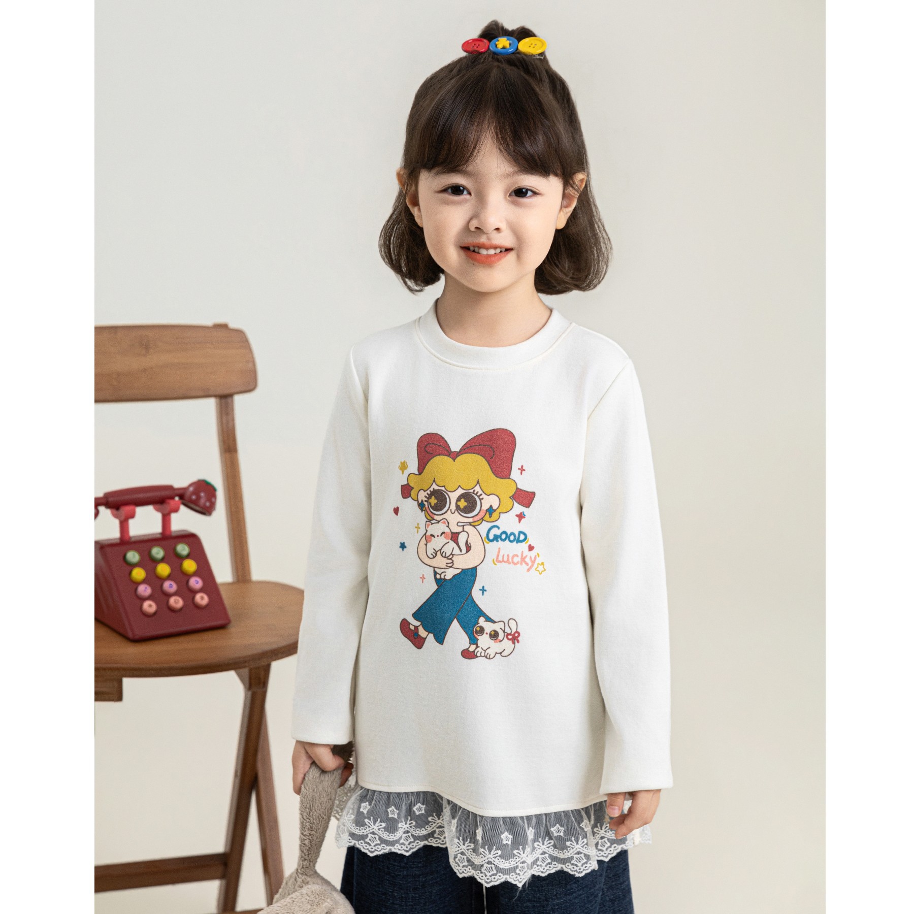 Girl's Printed Lace-trimmed Cotton Pullover photo 2