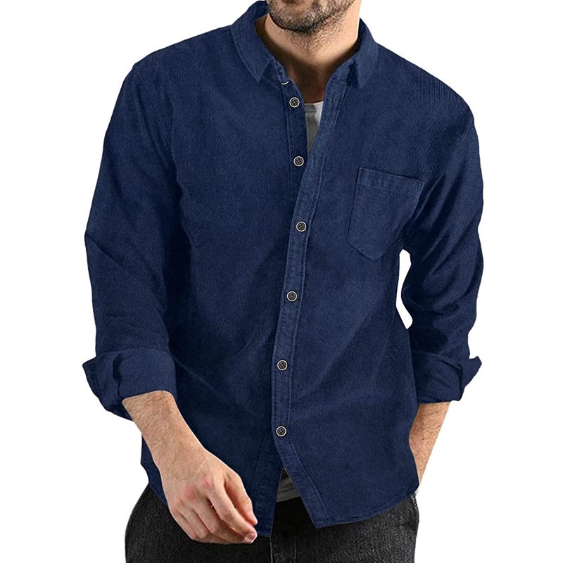 Corduroy Lapel-button Loose-fit Mens Long-sleeve Shirt photo 6