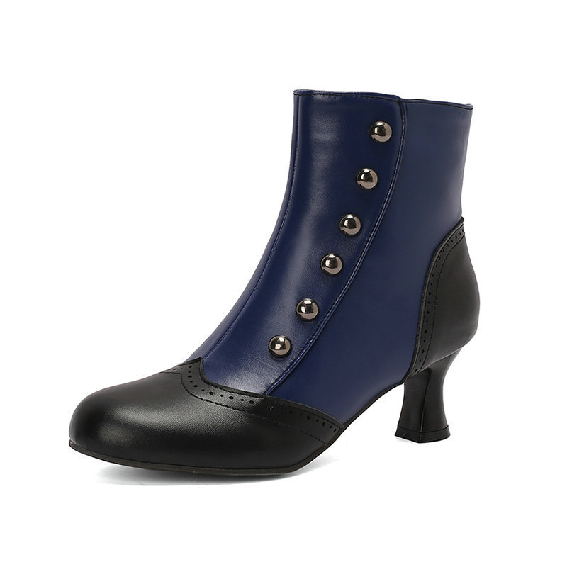 Women's Studded, Color-blocked Block-heeled Ankle Boots photo 3