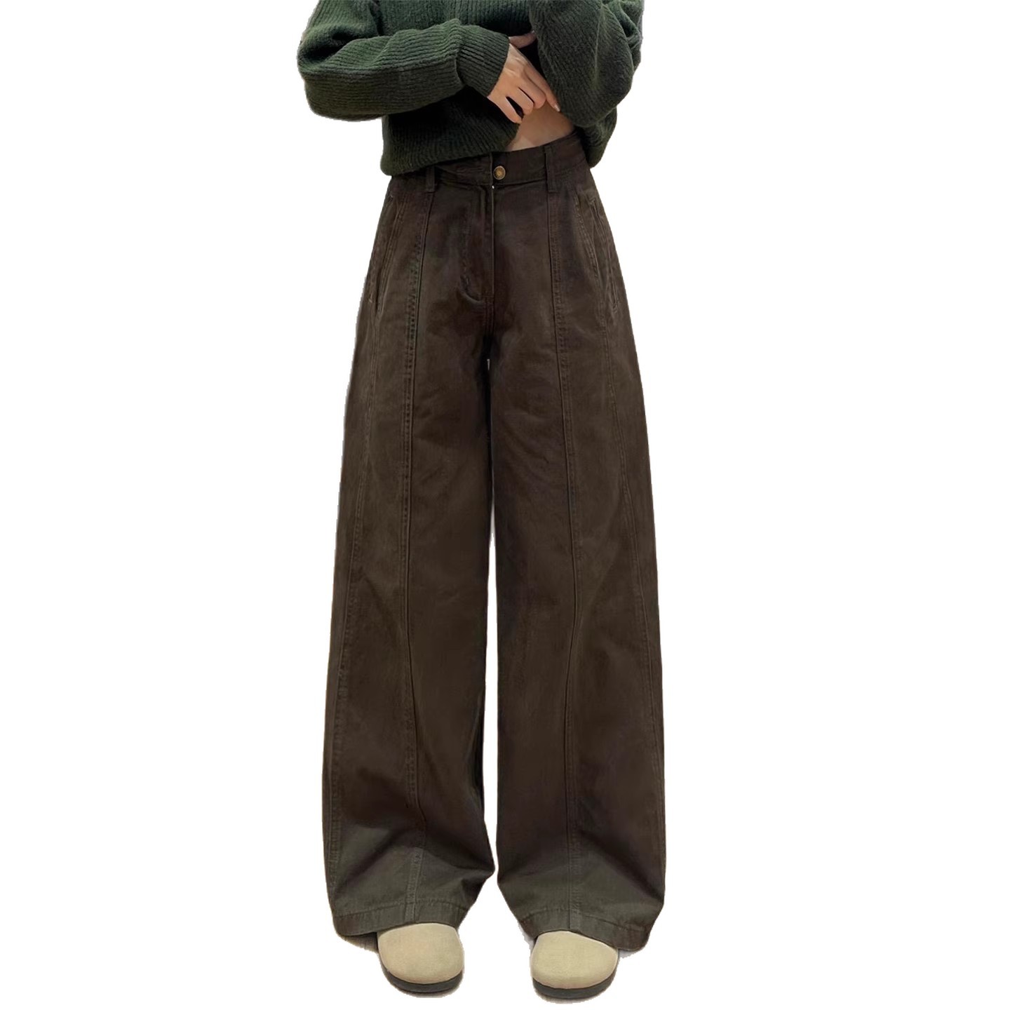 Women's High-waisted Straight-leg Wide-leg Denim Pants In Coffee Color photo 6