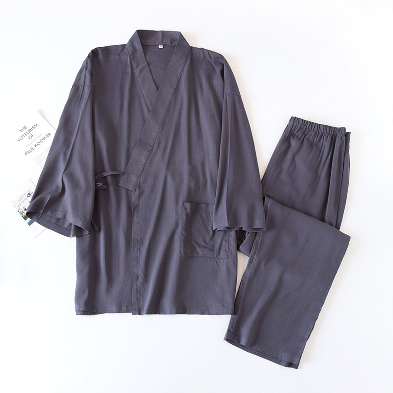 Japanese-style Solid-color Mens Kimono Pajamas, Cotton-linen Drawstring Homewear Set photo 5