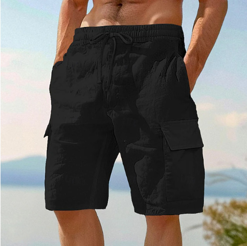 Beach Shorts With Elastic Waist Drawstring Multiple Pockets Solid Color photo 2