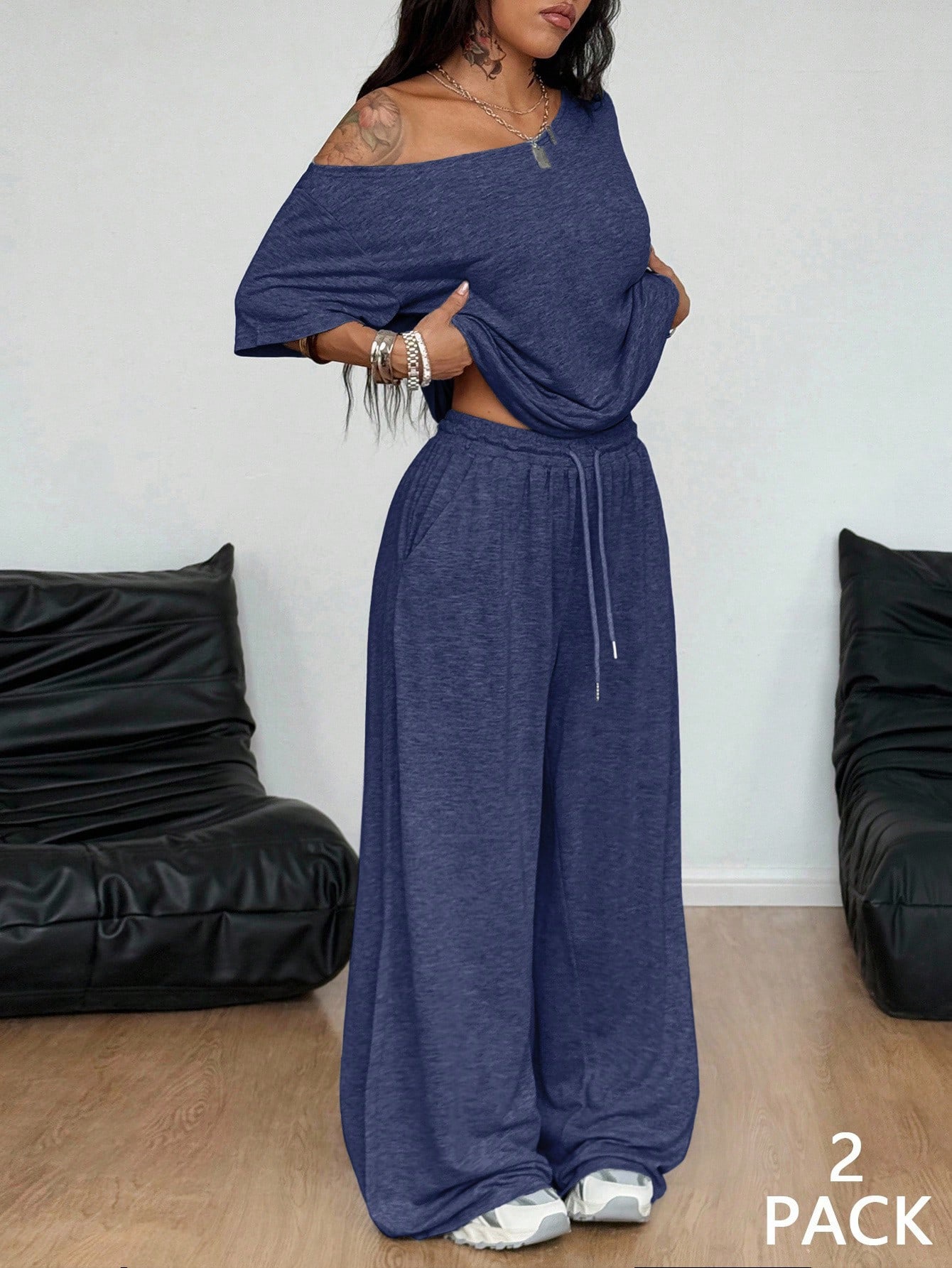 SpringSummer Women's Casual Solid-Color Sports Two-Piece Set photo 4