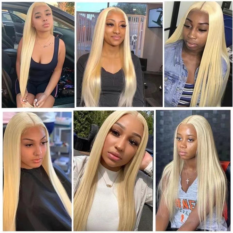Front Lace Light Golden Long Straight Hair Full Lace Wig Cap photo 2