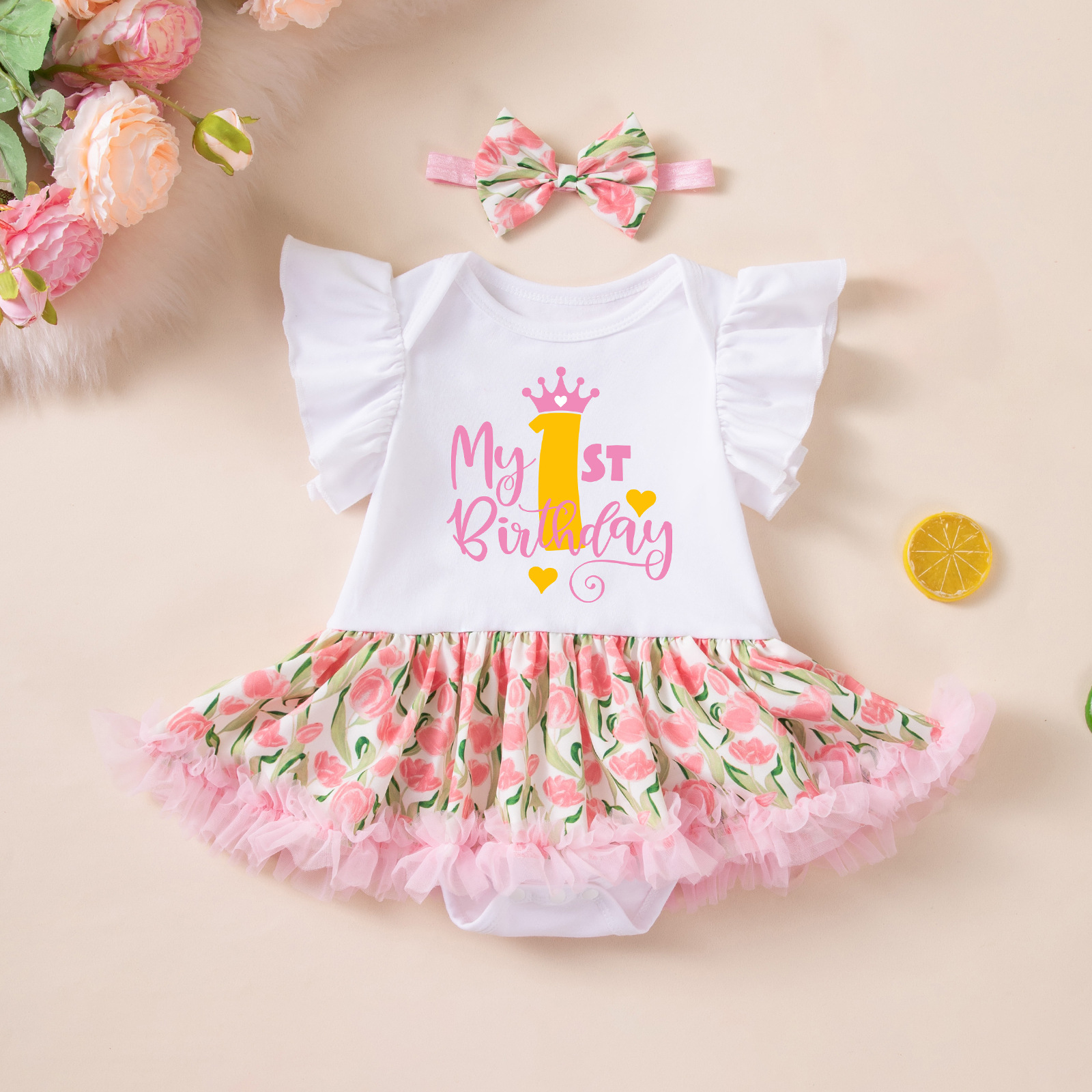 Birthday Outfit Flutter-Sleeve Romper Crawling Suit PP Pants And Bow Headband Set photo 2