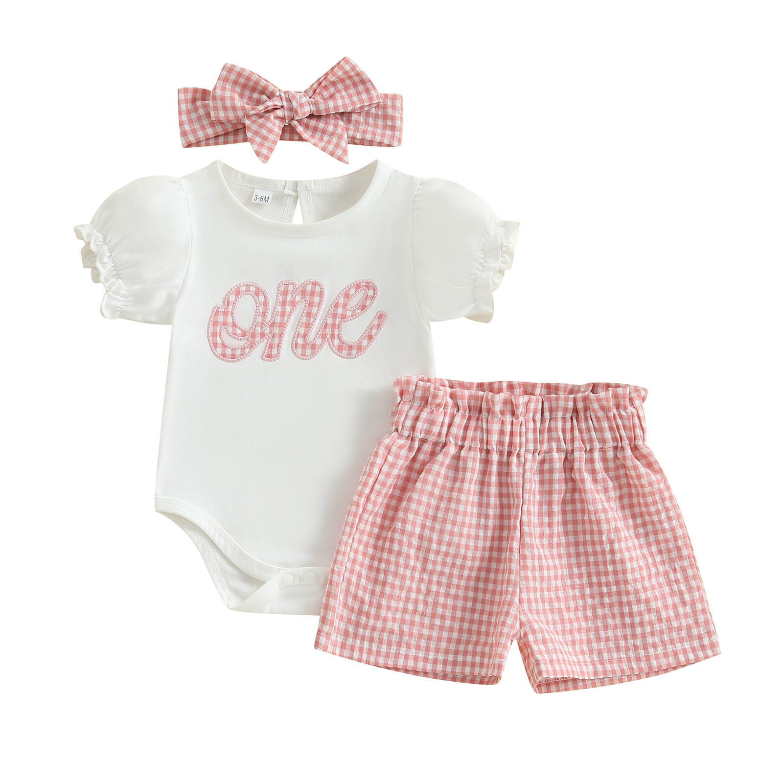 2026 New-Style Girls Plaid Birthday Romper And Shorts With Headscarf Set photo 2