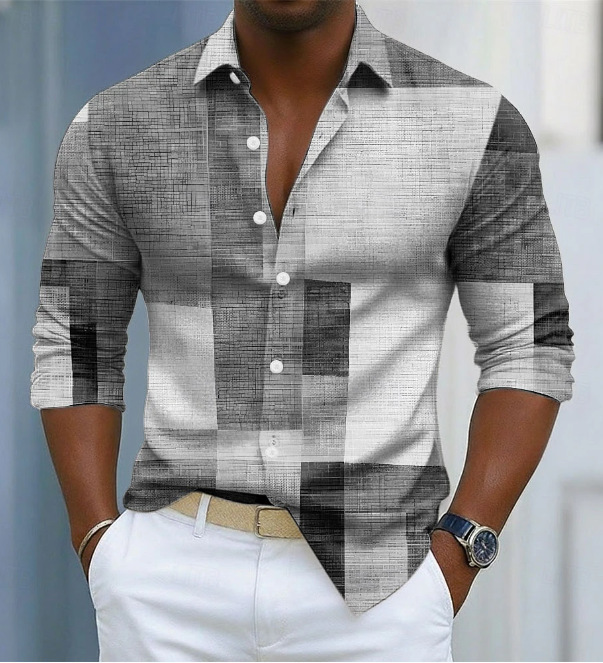 Men's Geometric Color-Block Plaid Pattern Shirt photo 3