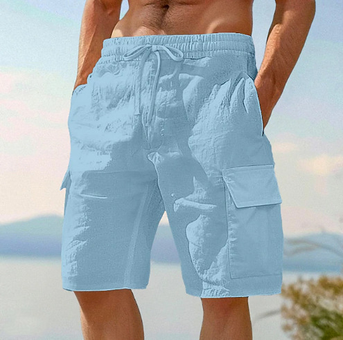Beach Shorts With Elastic Waist Drawstring Multiple Pockets Solid Color photo 5