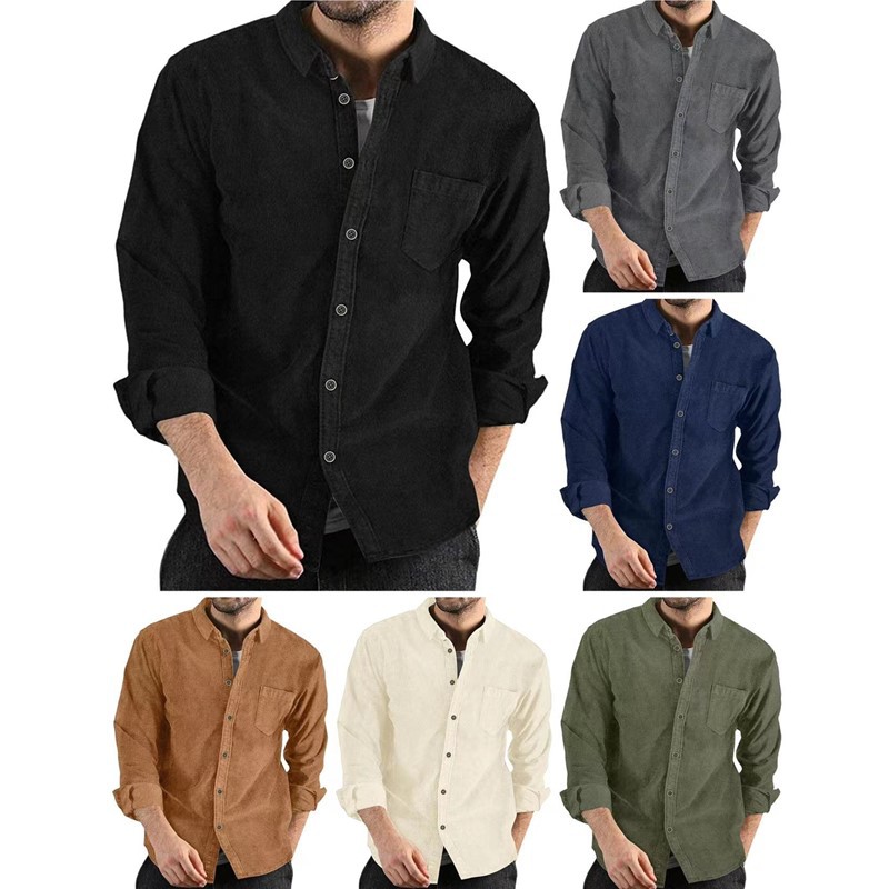 Corduroy Lapel-button Loose-fit Mens Long-sleeve Shirt photo 1