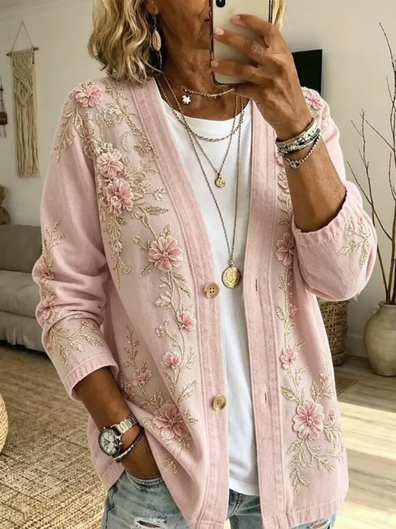 Printed Long-sleeve Cardigan With Two Buttons photo 6