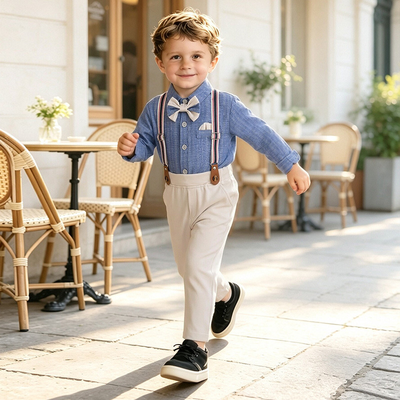 Blue Shirt Bow Tie And Suspender Overalls Children's Clothing photo 4