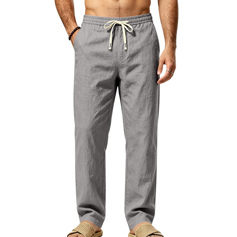 Mens Straight Leg Solid Color Casual Linen Pants With Drawstring And Elastic Waist photo 8