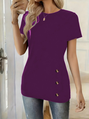 Round-neck Short-sleeve Top With Faux Button Detailingelegant And Versatile photo 7