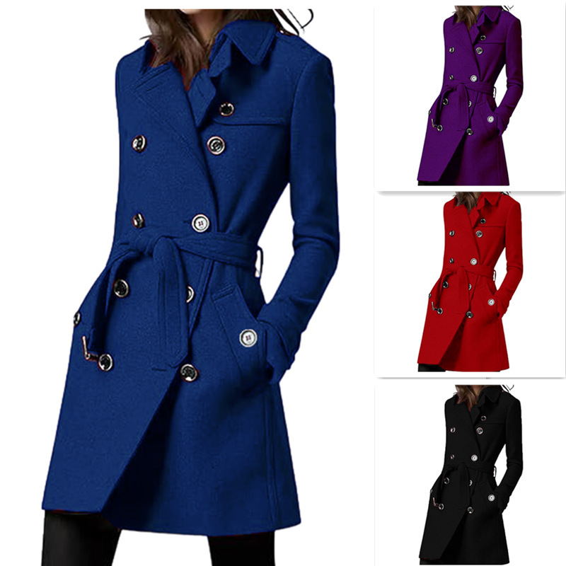 Womens Long Woolen Belted Double-breasted Coat With A Fitted Waist photo 2