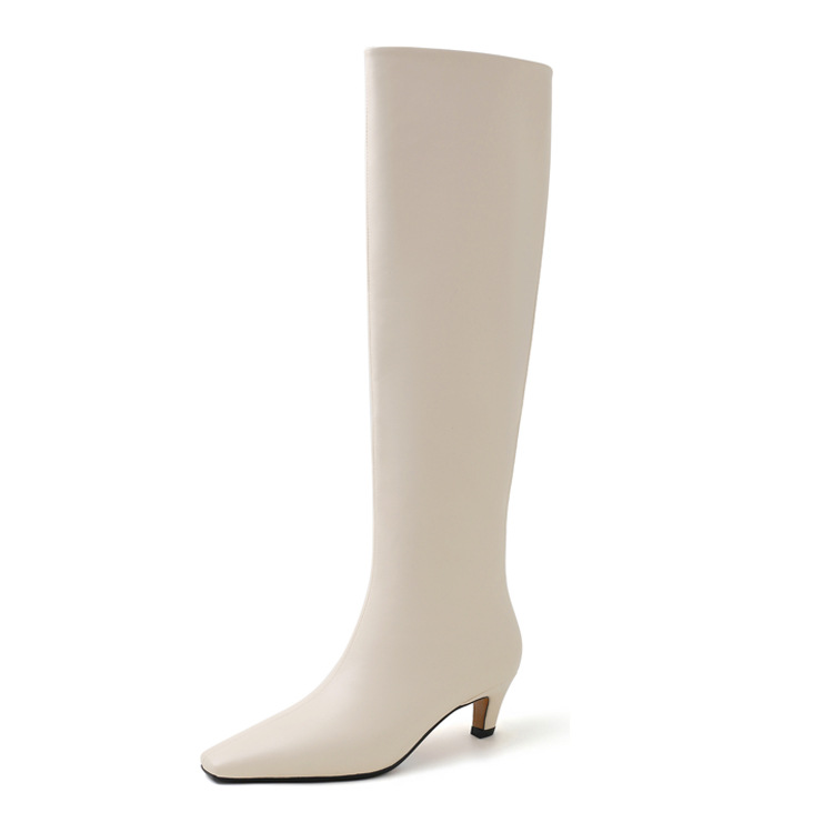 French Minimalist-style Square-toe Kitten-heel Over-the-knee Straight-leg Leather Booties photo 4