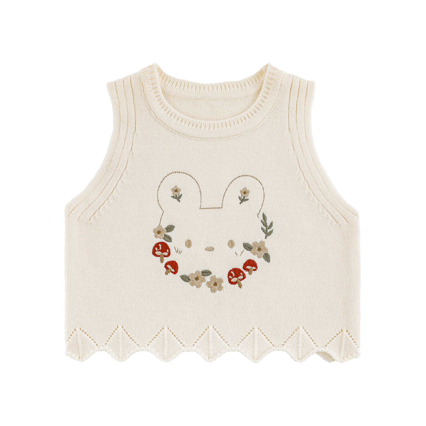 Girl's Ruffled-edged Bear And Floral Embroidered Vest With Lace Denim Jeans photo 6