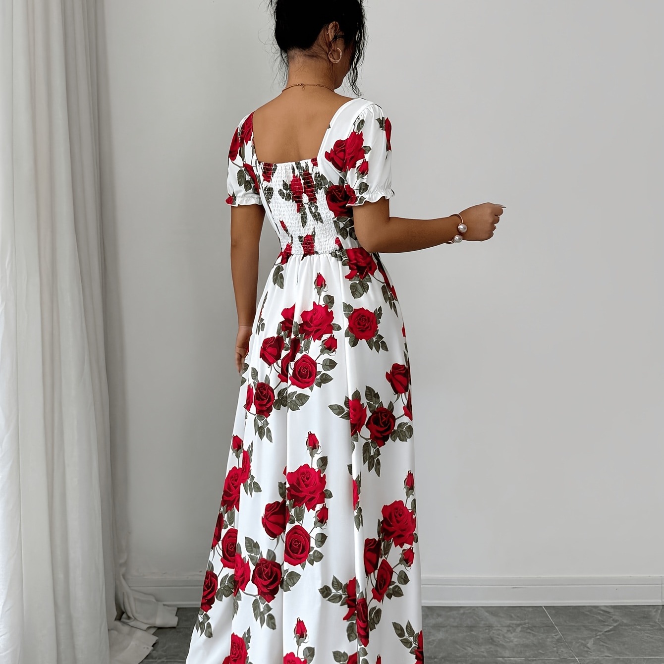 Elegant Vintage Rose-print Puff-sleeve Maxi Dress photo 3