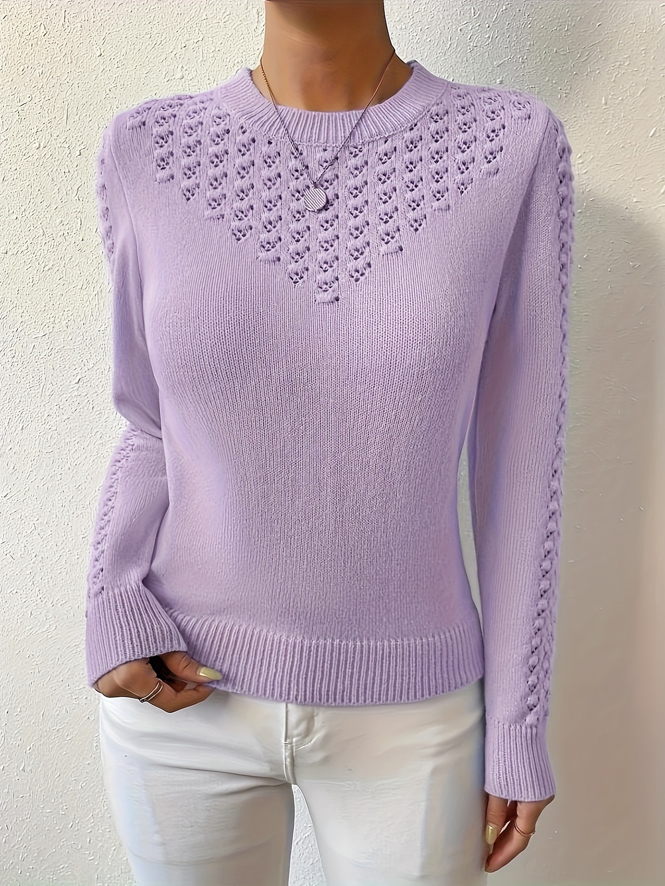 Solid-color Hollow-out Knit Crew-neck Long-sleeve Sweater photo 3