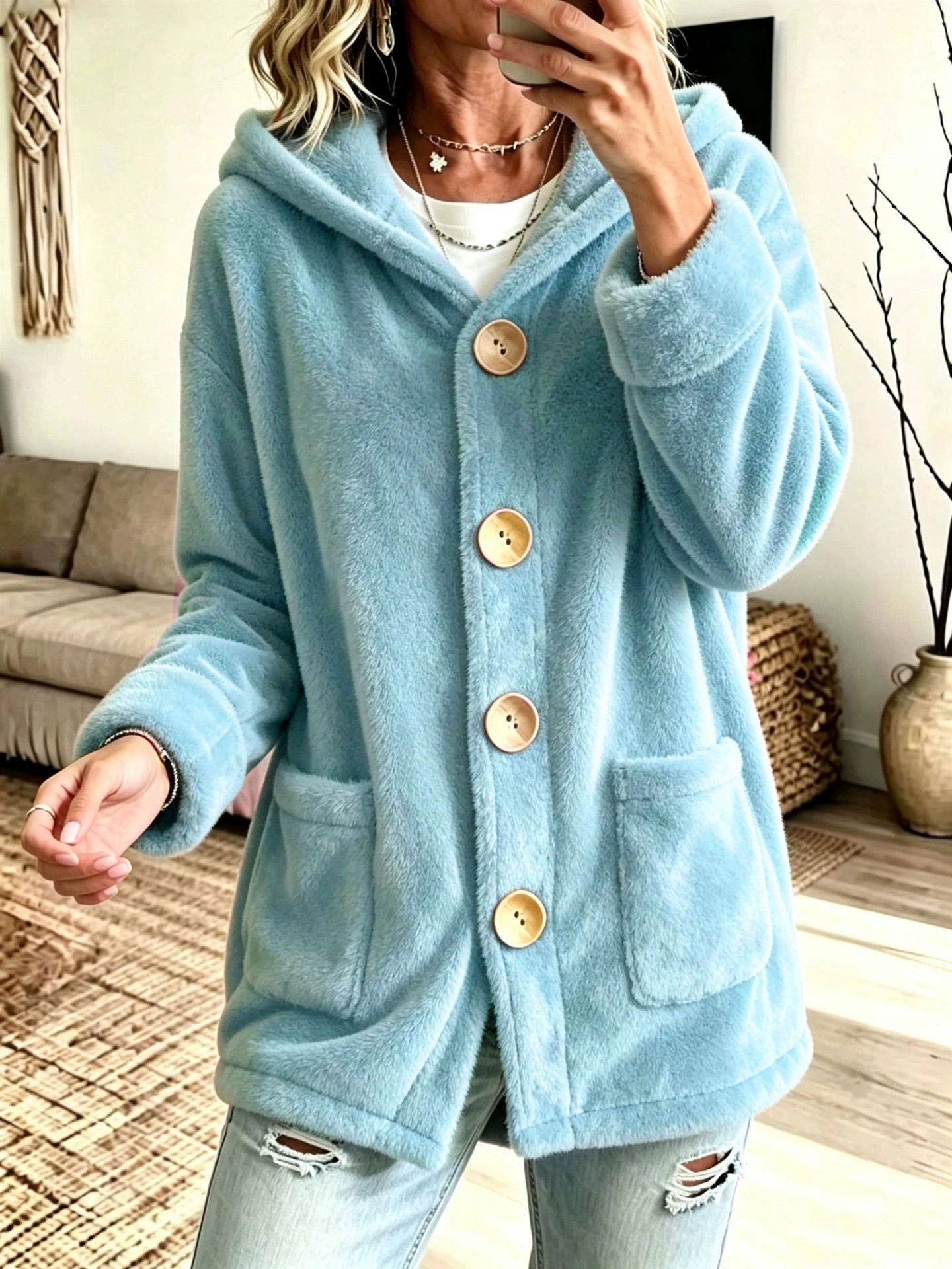 Hooded Velvet Outerwear Loose-fitting Cardigan Top photo 2