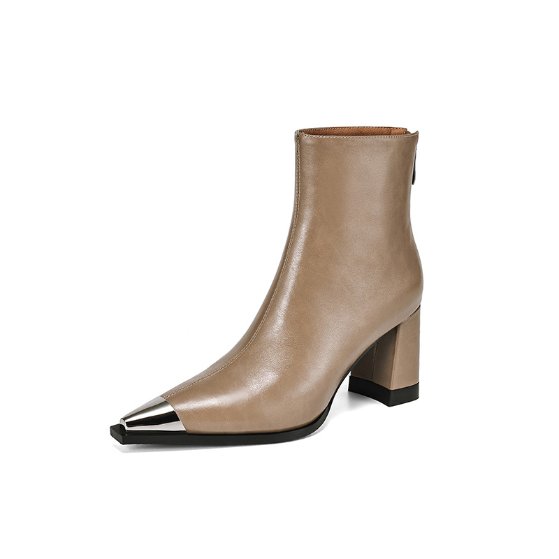 European And American-style Chic Metallic-stitched Pointed-toe Leather Ankle Boots photo 4