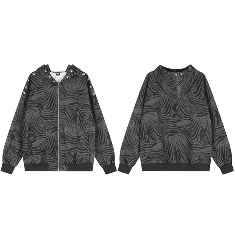 American-style Vintage Zebra-print Hooded Sweatshirt With Studs photo 1