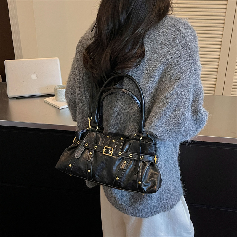 Womens Shoulder Bag With A Locomotive-style Belt Rivets And Metal Buckle photo 4