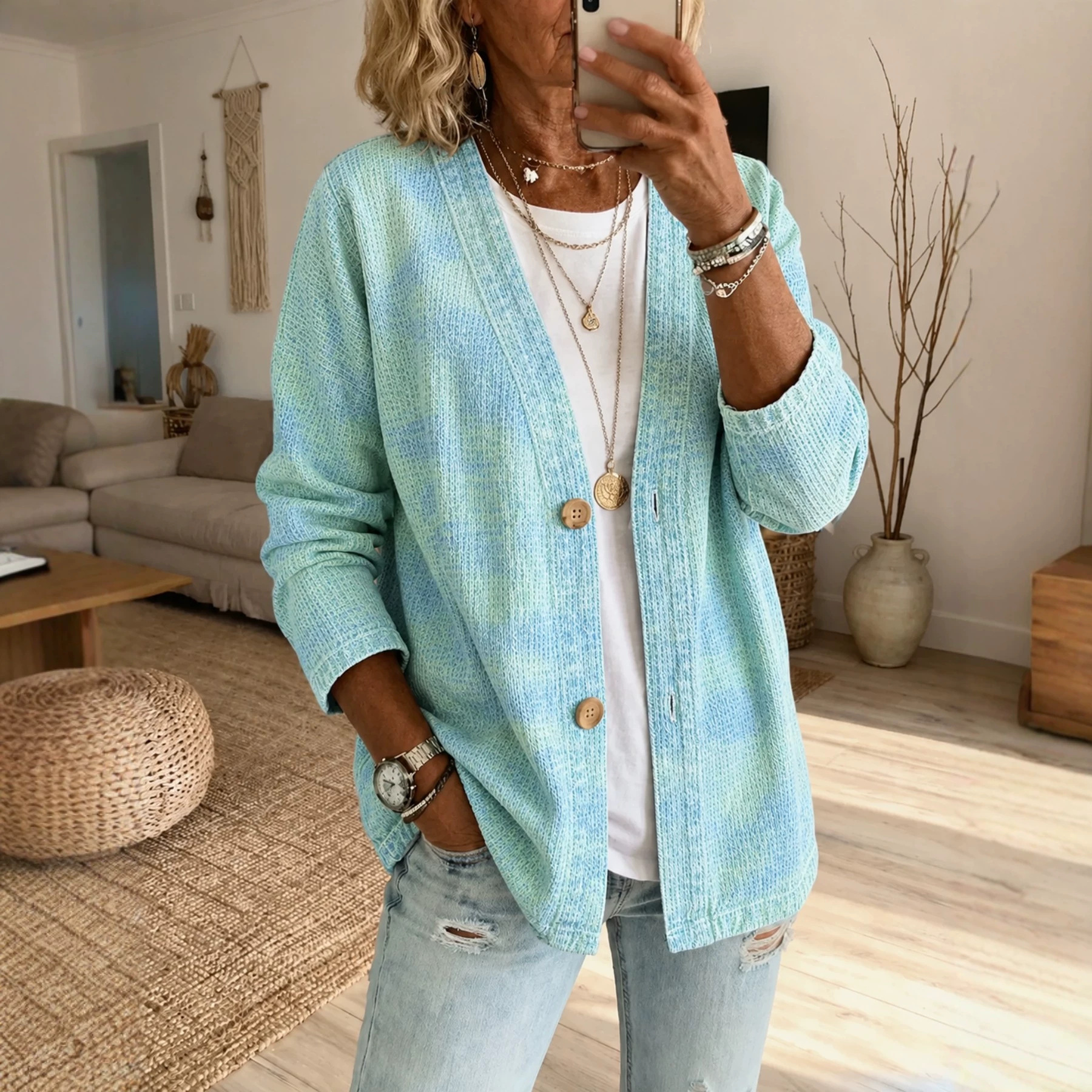 Printed Long-sleeve Cardigan With Two Buttons photo 1
