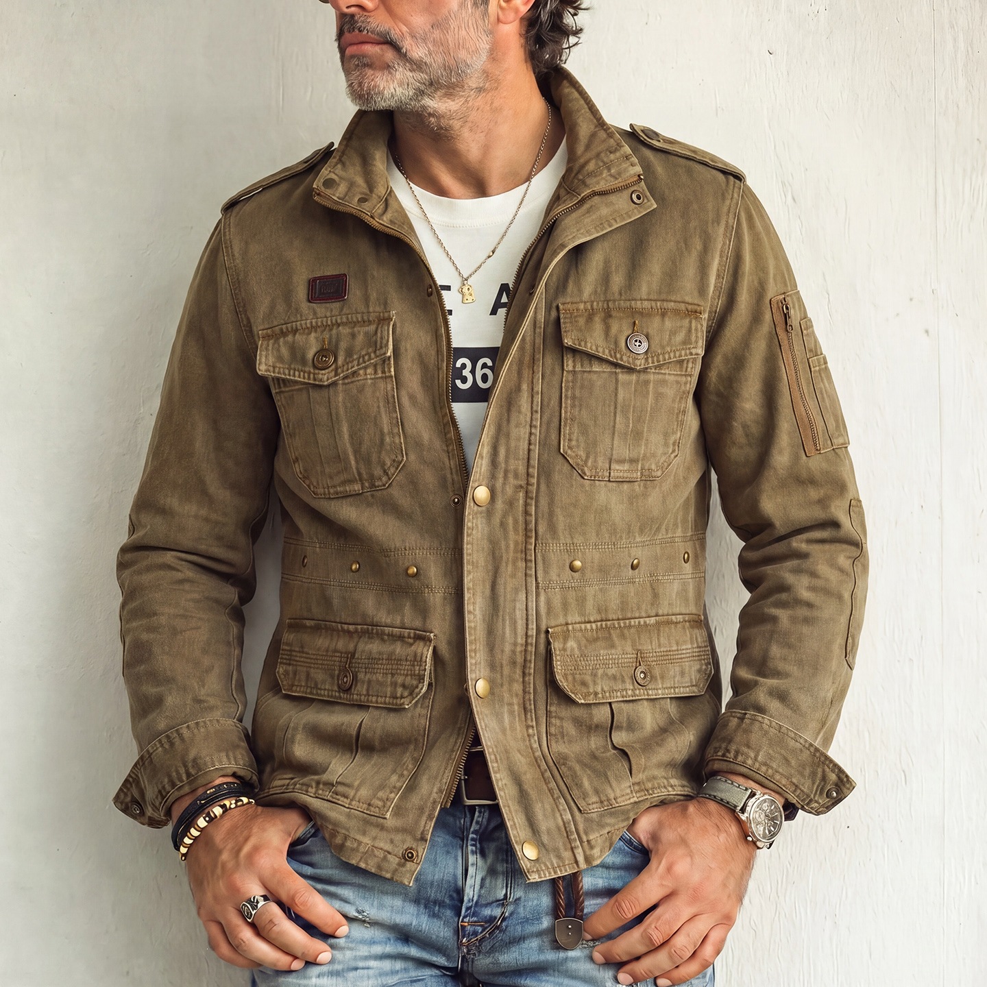 Workwear-style Loose-fitting Multi-pocket Men's Casual Cotton Jacket photo 3