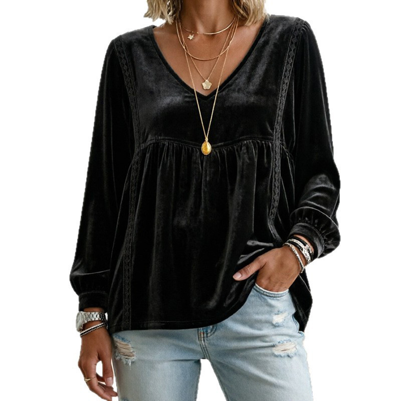 V-neck Lace Velvet Casual Loose-fitting Long-sleeve Top photo 6