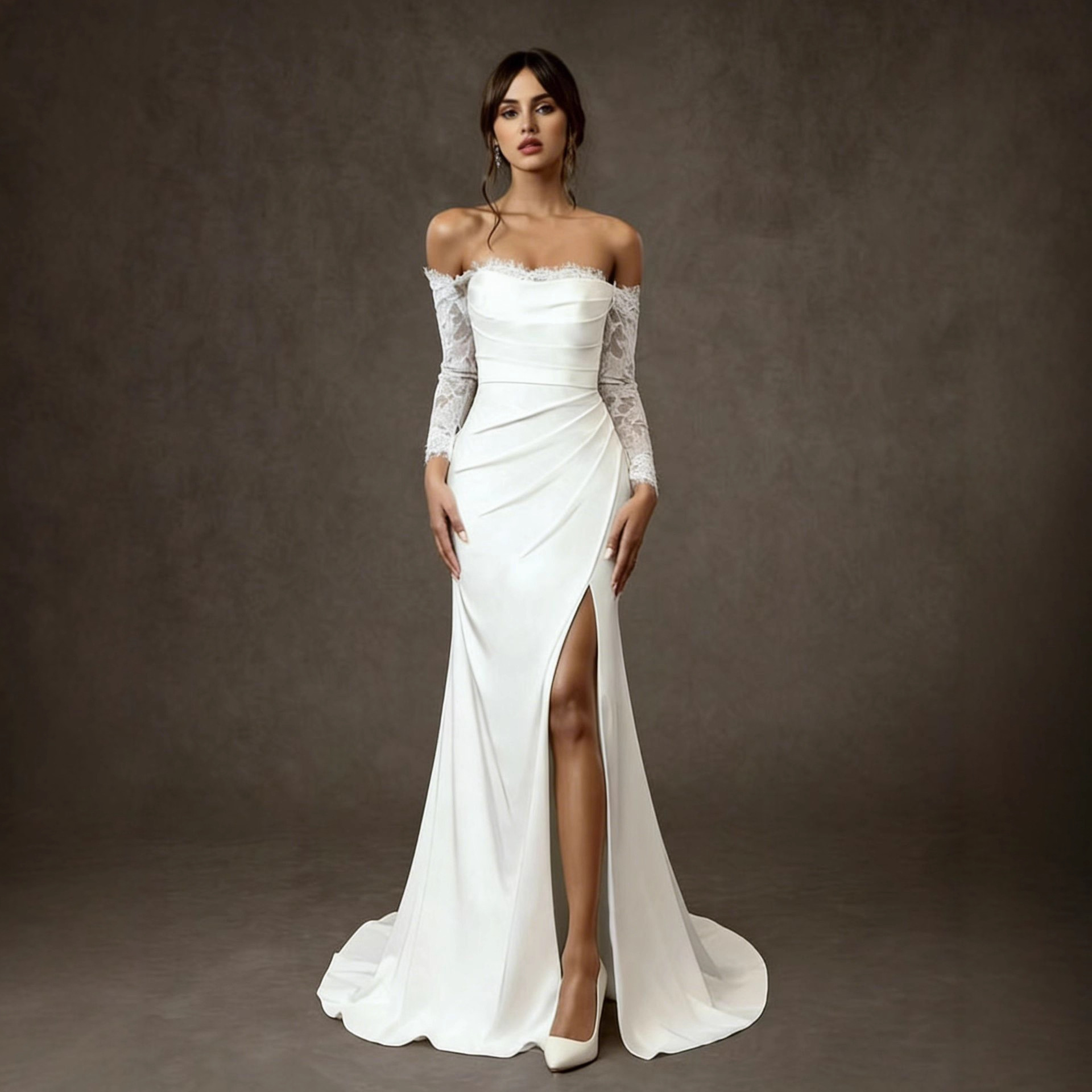 One-shoulder Lace Long-sleeve Light Wedding Dress photo 1