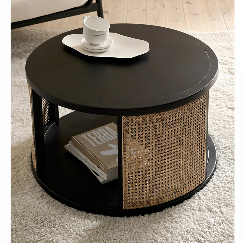 Solid Wood Double-layer Rattan Tea Table photo 1