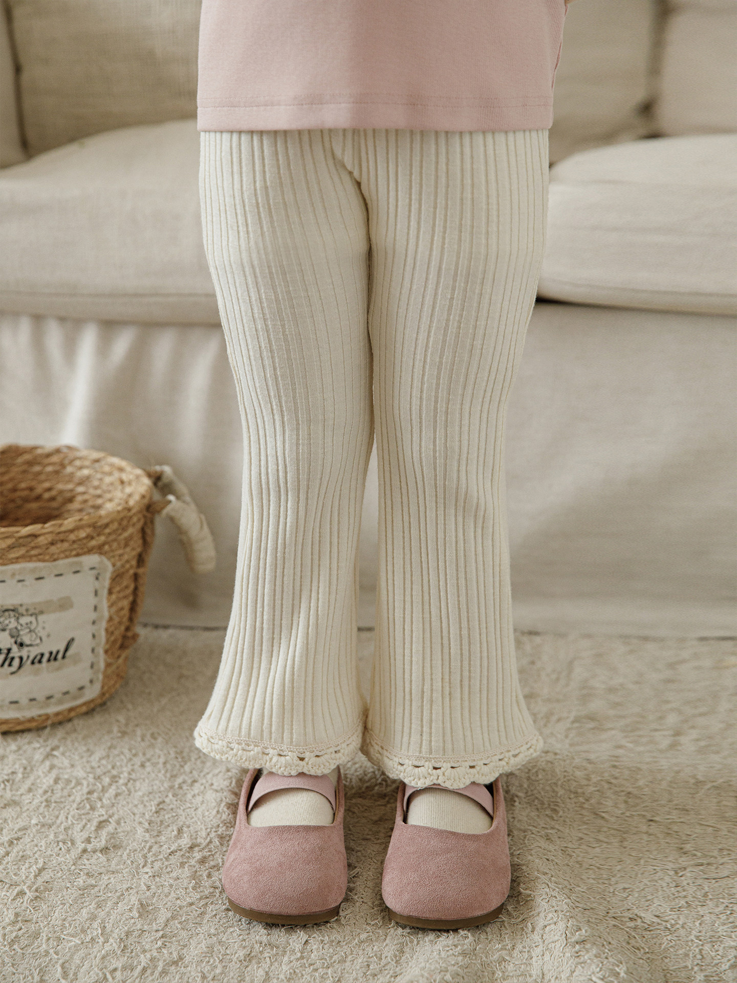 Versatile Girls Ribbed Flared Pants With Lace Trim photo 2