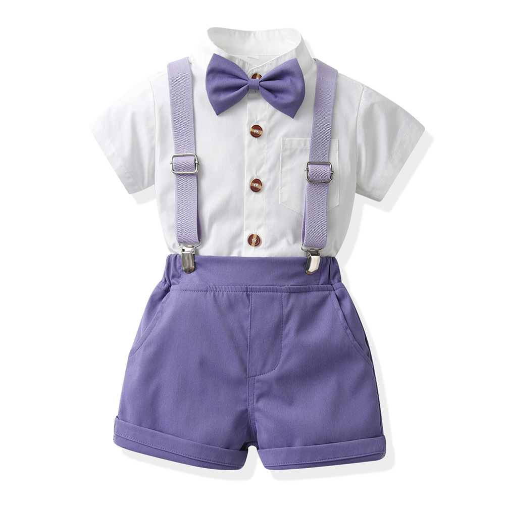 Boys Candy-Colored Stand-Neck Short-Sleeve Suspender Pants Set photo 7