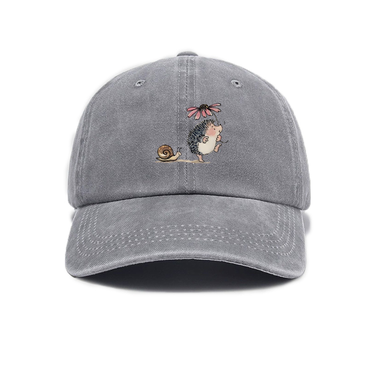Simple Cartoon Hedgehog And Snail Print Washed Out Vintage Baseball Cap photo 2