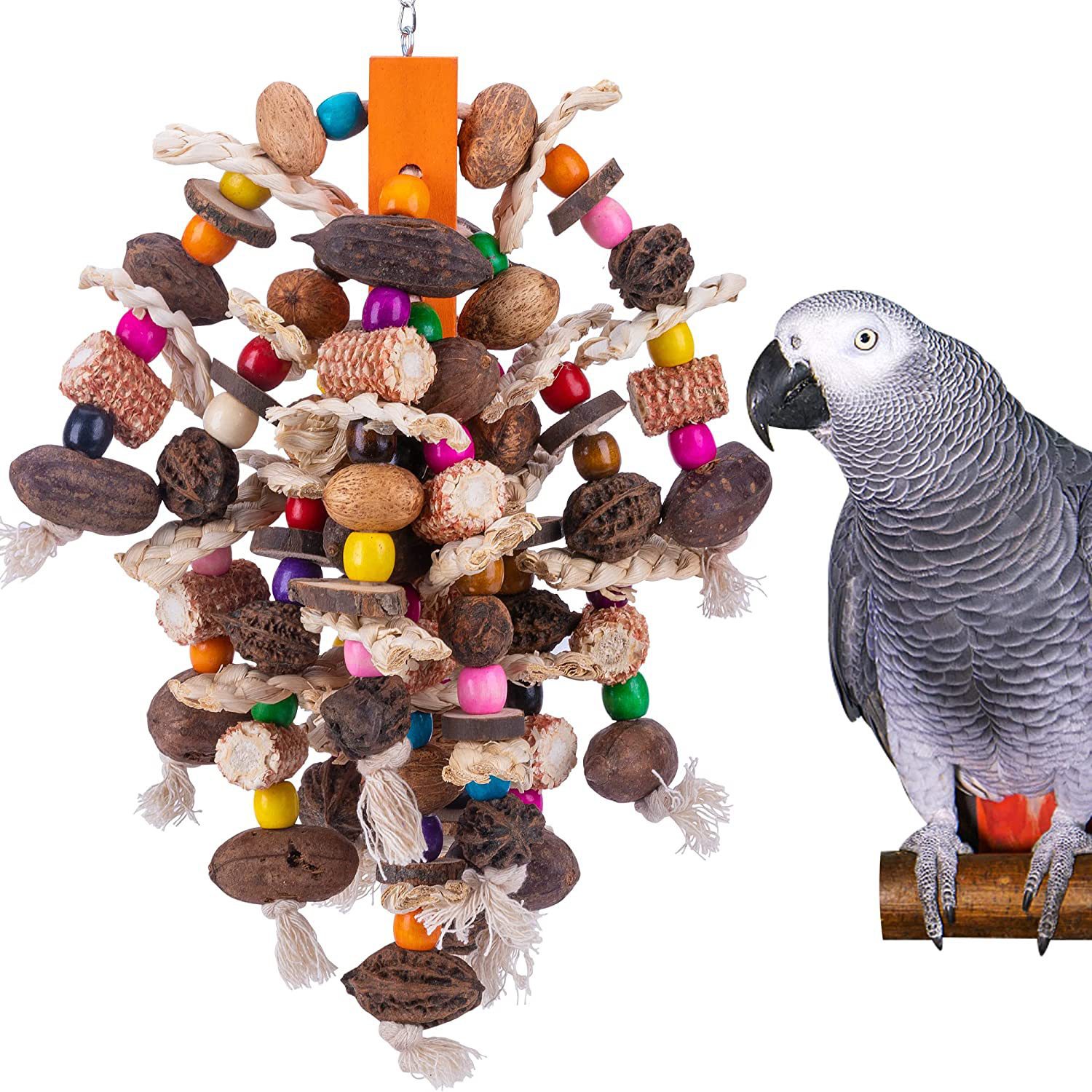 Large Parrots Nibbling On Toy Fruit Skewers photo 2