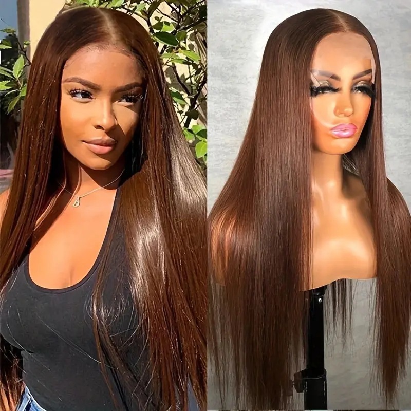 Front Lace Light Golden Long Straight Hair Full Lace Wig Cap photo 5
