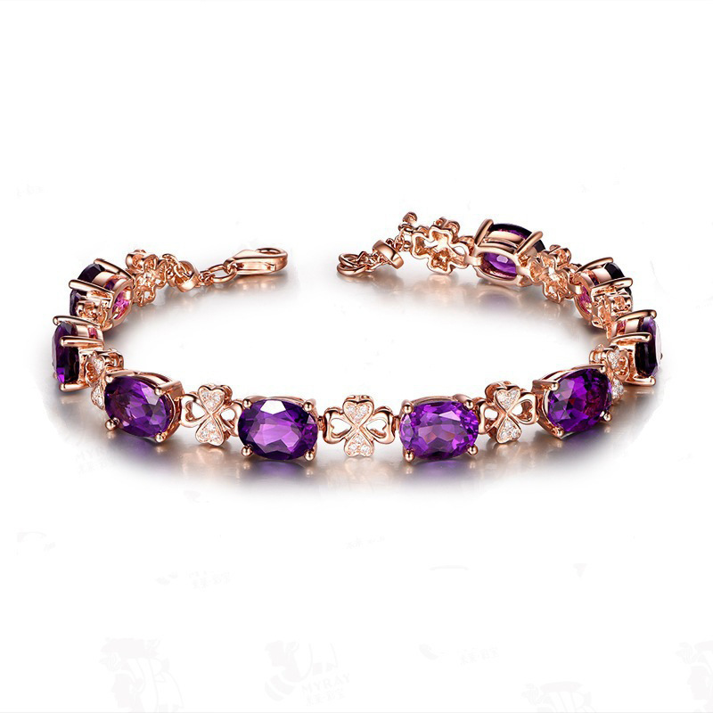 Quality Ear Hook Purple Gemstone Diamond Ring Rose Gold Collarbone Necklace Set photo 5