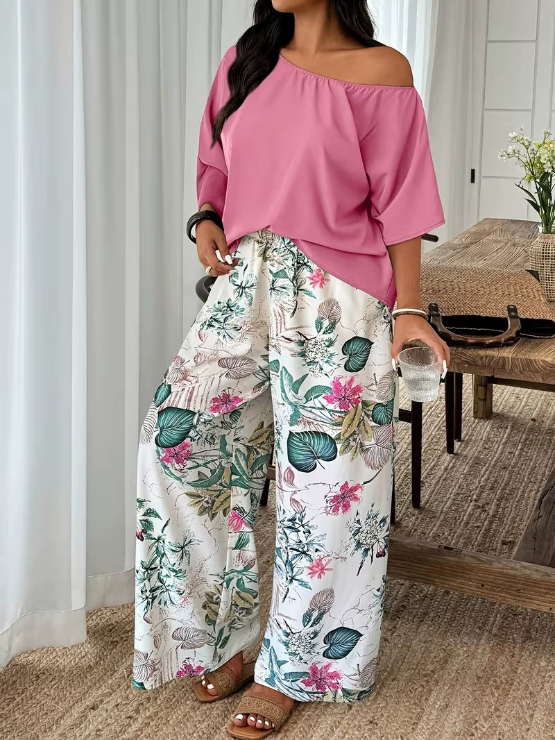 Casual Womens Set Featuring Plant And Floral Print Wide-leg Pants photo 5