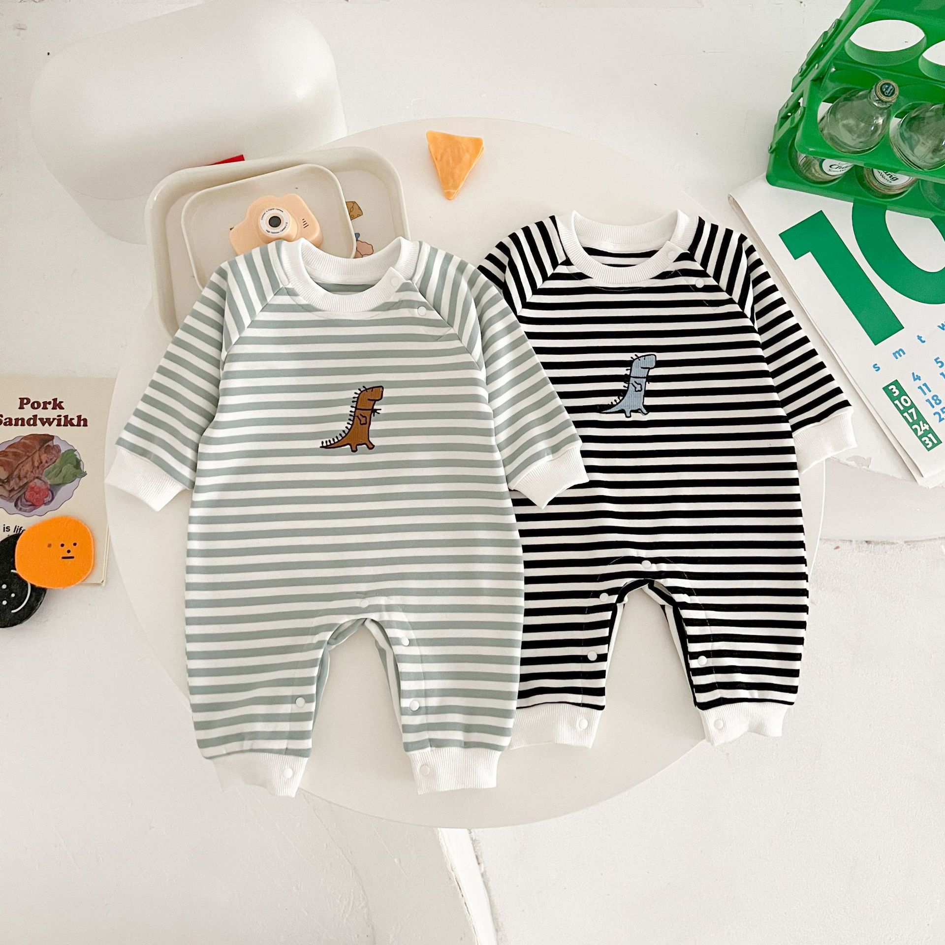 Springautumn New Arrival Striped Dinosaur-embroidered Baby Romper For 0 2 year olds photo 1