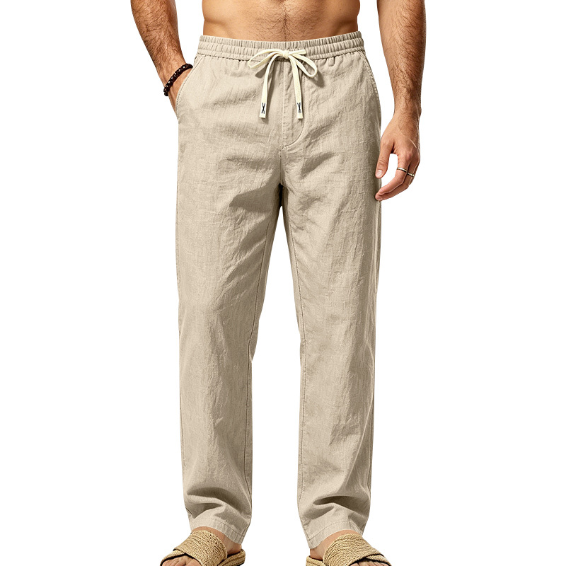 Mens Straight Leg Solid Color Casual Linen Pants With Drawstring And Elastic Waist photo 2