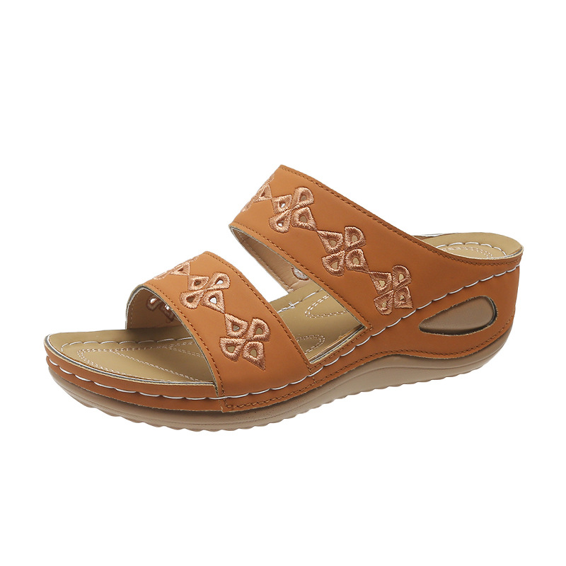 Wedge-heeled Embroidered Round-toe Open-toe Casual Womens Slippers photo 8