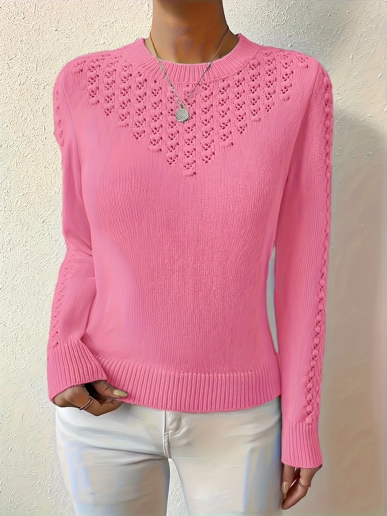 Solid-color Hollow-out Knit Crew-neck Long-sleeve Sweater photo 4