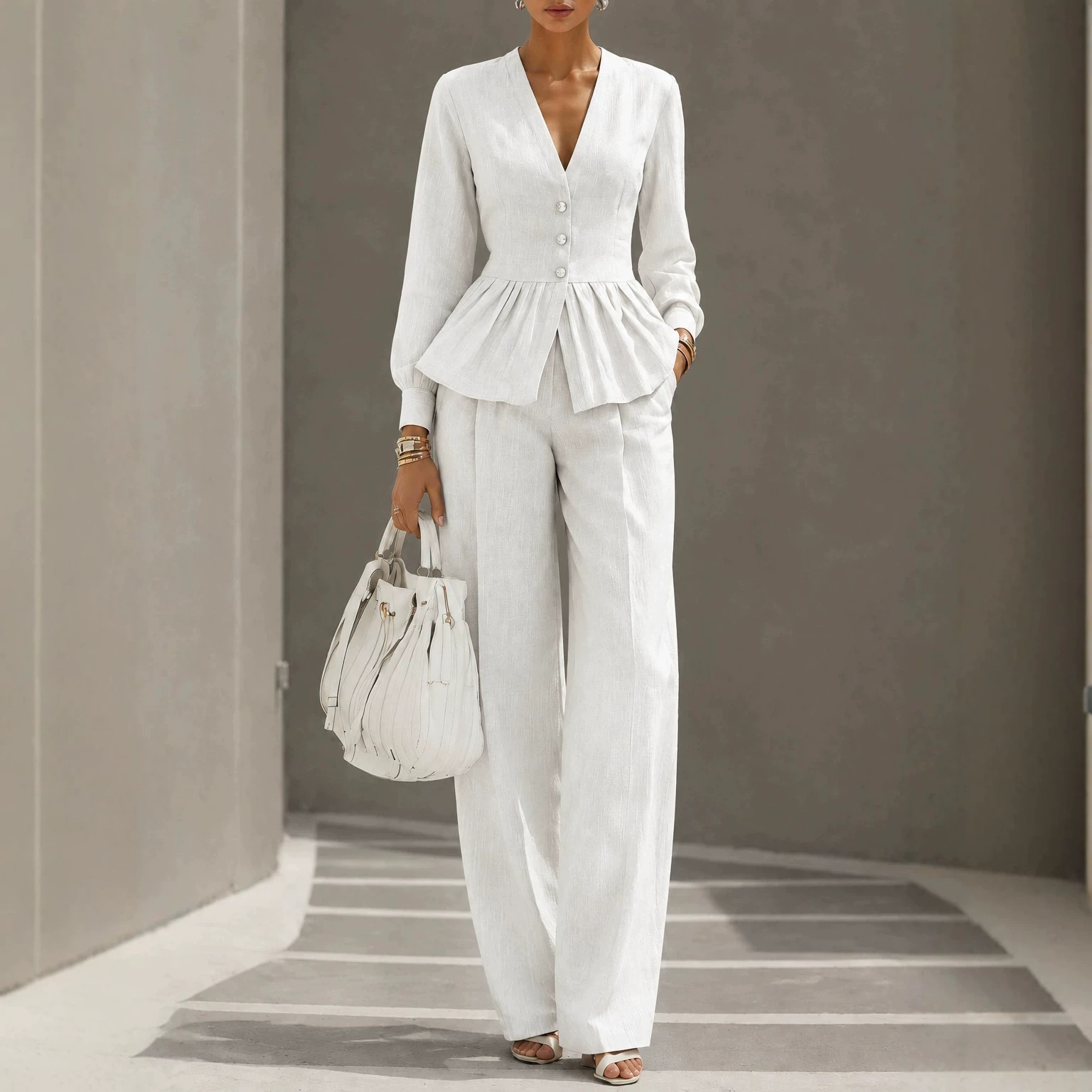 Long-sleeve V-neck Top And Wide-leg Pants Two-piece Set photo 1