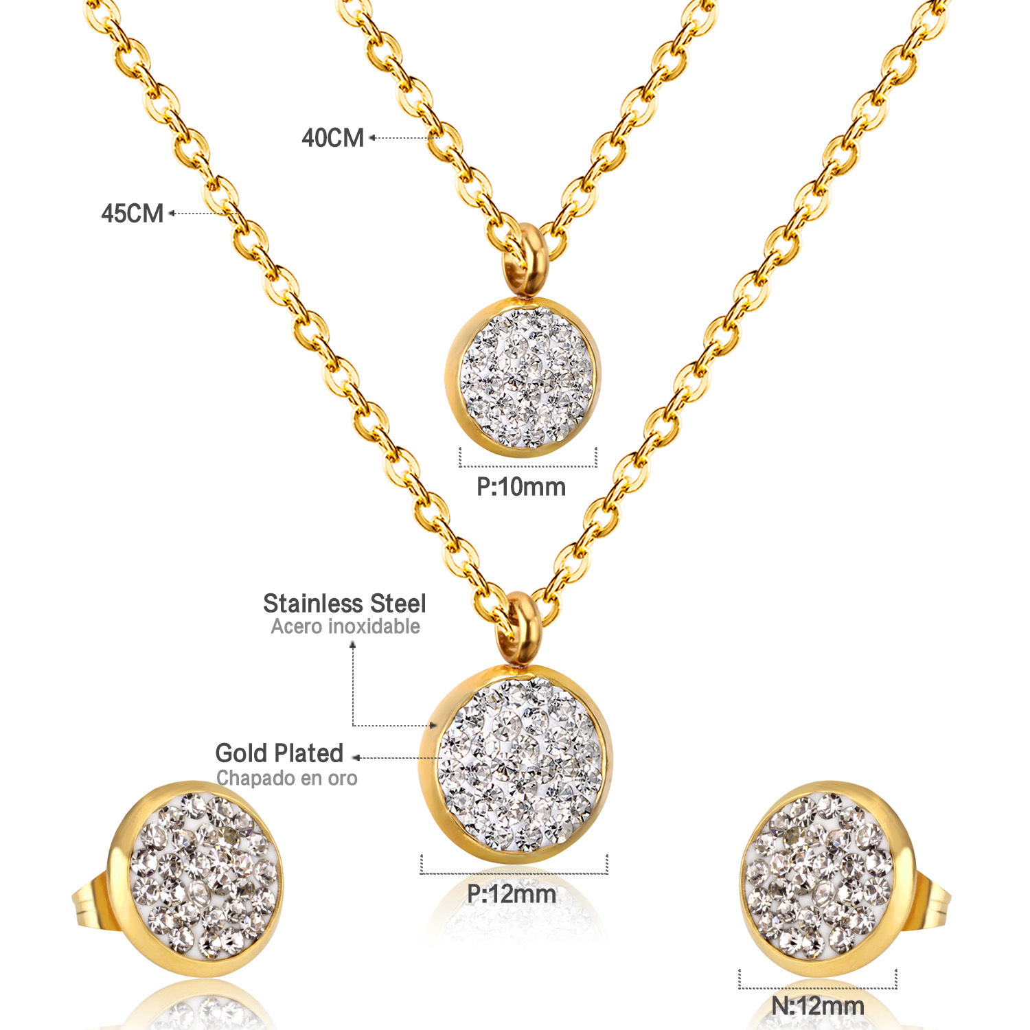 White Mud Pendant Double Chain Gold Stainless Steel Jewelry Set For Women photo 2